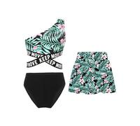 Mufeng Tankini 3 Pièces Enfant Fille Maillot de Bain Floral Bikini Tube Tops Haut à Bretelles Bas de Bain et Paréo Jupe d'été Ensemble de Natation Swimsuit 3-16 Ans B Noir 15-16 Ans