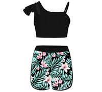 Mufeng Tankini Enfants Filles Maillots de Bain 2 Pièces Floral Bikini Halter Débardeur Haut de Bain Shorty Short de Bain Ensemble Plage Vêtements Sport D'été 4-16 Ans B Fleur Noir 11-12 Ans