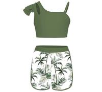 Mufeng Tankini Enfants Filles Maillots de Bain 2 Pièces Floral Bikini Halter Débardeur Haut de Bain Shorty Short de Bain Ensemble Plage Vêtements Sport D'été 4-16 Ans B Vert 15-16 Ans