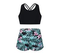 Mufeng Tankini Enfants Filles Maillots de Bain 2 Pièces Floral Bikini Halter Débardeur Haut de Bain Shorty Short de Bain Ensemble Plage Vêtements Sport D'été 4-16 Ans A Noir 7-8 Ans