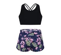 Mufeng Tankini Enfants Filles Maillots de Bain 2 Pièces Floral Bikini Halter Débardeur Haut de Bain Shorty Short de Bain Ensemble Plage Vêtements Sport D'été 4-16 Ans A Bleu Marin 13-14 Ans
