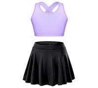 Mufeng Tenue Tennis Golf Fille 2 Pièces Ensemble de Sport Crop Top et Jupe Plissée Tennis Badminton Survêtement Fitness Eté Lavande et Noir 9-10 Ans