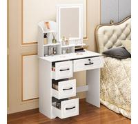 mufojyez Bureau de maquillage avec miroir, miroir et lumières, blanc avec 6 étagères ouvertes, 4 tiroirs, coiffeuse de chambre à coucher, table de maquillage blanche