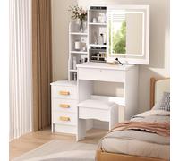 mufojyez Bureau de vanité Moderne avec lumières LED Mirror et tiroirs Rangement, Coiffeuse Pratique, Table Maquillage Espace Rangement caché, Sauvegarde l'espace pour Petite Blanc