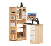 mufojyez Bureau d'ordinateur 2 en 1 en forme de L avec étagères de rangement et 5 tiroirs, bureau d'ordinateur compact moderne et compact pour la maison et le bureau, pour jeux d'écriture, marron