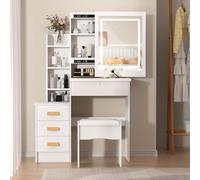 mufsceku Coiffeuse avec grand miroir coulissant éclairé en 3 couleurs, table de maquillage avec 4 tiroirs et étagères de rangement cachées, bureau de maquillage avec tabouret rembourré pour meubles de