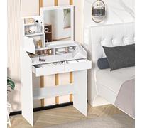 mufsceku Table de Coiffeuse avec lumières LED, Maquillage avec Miroir de luminosité réglable, vanité de Maquillage avec 2 tiroirs et étagères Ouvertes, Commode de Chambre Moderne en Bois en boi