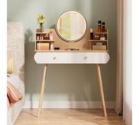 mufsceku Vanité de maquilage avec Miroir Rond et lumières LED, Table Vanité 2 Tirors étagères d'ouverture, Coiffeuse Moderne, 3 Modes luminosé Couleur en Bois