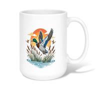 Mug à café en céramique Motif canard colvert Marshland 445 ml | Illustration de canard colvert, tasse à thé, paysage de marais au coucher du soleil, thème de la faune