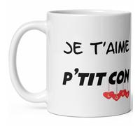 Mug amour je t'aime p'tit con tasse humour tasse drole pour cadeau original Noel anniversaire fete Mug céramique déclaration d'amour avec coeur homme cheri frere papa oncle fiancé ami collegue 325ml