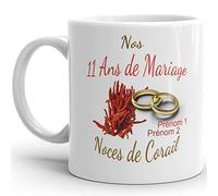 Mug anniversaire mariage 11 ans noces de Corail personnalisable 2 prénoms tasse personnalisée Idée Cadeau Originale Famille couple mari femme noel fete époux épouse