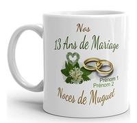 Mug anniversaire mariage 13 ans noces de Muguet personnalisable 2 prénoms tasse personnalisée Idée Cadeau Originale Famille couple mari femme noel fete époux épouse