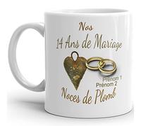 Mug anniversaire mariage 14 ans noces de Plomb personnalisable 2 prénoms tasse personnalisée Idée Cadeau Originale Famille couple mari femme noel fete époux épouse