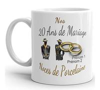 Mug anniversaire mariage 20 ans noces de Porcelaine personnalisable 2 prénoms tasse personnalisée Idée Cadeau Originale Famille couple mari femme noel fete époux épouse
