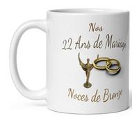 Mug anniversaire mariage 22 ans noces de Bronze tasse vingt deux ans mariage Idée Cadeau Originale mari femme couple noel fete époux épouse céramique 325ml