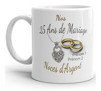 Mug anniversaire mariage 25 ans noces d'Argent personnalisable 2 prénoms tasse personnalisée Idée Cadeau Originale Famille couple mari femme noel fete époux épouse