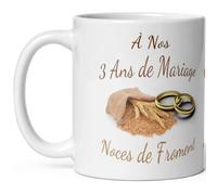 Mug anniversaire mariage 3 ans noces de froment tasse trois ans mariage Idée Cadeau Originale mari femme couple noel fete époux épouse céramique 325ml