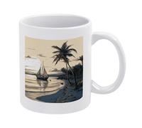 Mug avec anse, motif bateau de pêche et palmiers, tasse à thé personnalisée et originale, mug en céramique épaisse antidérapante, mug blanc luxueux de 35 cl (12 oz) pour hommes et femmes, idéal pour