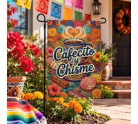 Mug avec citation du café mexicain et des conversations - Drapeau de jardin | Art mexicain, drapeau de pelouse, pâtisseries concha, bâtons de cannelle, thème café du matin, décoration de jardin