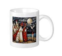 Mug avec impression sorcière bohème abstrait avec chapeau magique oiseau lune nuage château motif effrayant rouge gris céramique léger salon extérieur bureau fond plat avec poignées 325 ml