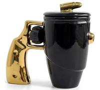 Mug Céramique Revolver avec Couvercle, Tasse à Café avec Anse Rotative, Tasse à Cappuccino Anti-Stress, Cadeaux Militaires Idéaux pour Hommes, Collègues et Passionnés D'armes à Feu, 500 ml (Or)