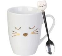 AltoBuy Mug Chat 35cl en céramique Blanc avec cuillère en INOX