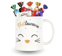 Mug Chat "Chatleureuse" garni d'un Assortiment de 20 Chocolats CELEBRATIONS, MILKA, DAIM et KINDER | Coffret Original Prêt à Offrir