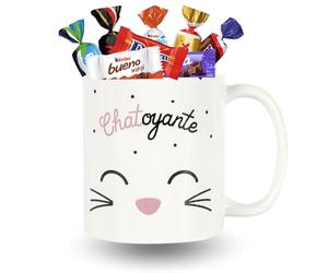 Mug Chat "Chatoyante" garni d'un Assortiment de 20 Chocolats CELEBRATIONS, MILKA, DAIM et KINDER | Coffret Original Prêt à Offrir