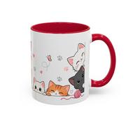 Mug Chats Mignons et Colorés - Tasse avec Petits Chats, Cœurs, Papillons et | Size 11oz, Couleur Red