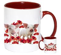 Mug cochon rose dans un champ de coquelicots avec image de cochon sur tasse de 325 ml Poignée rouge et intérieur rouge