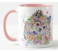 Mug coloré avec motif de chien de Pomerainie - Aquarelle arc-en-ciel - Cadeau d'anniversaire, travail, bureau, Noël, thé ou café - Rose