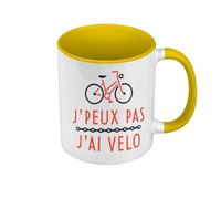 Mug de Couleur Qualité Premium Jaune - J'Peux Pas J'ai Vélo Cyclisme VTT Route - Tasse avec anse et intérieur de couleur