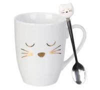 Mug Déco avec Cuillère "Chat" 11cm Blanc