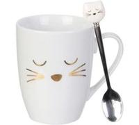 Mug Déco avec Cuillère "Chat" 11cm Blanc Blanc G