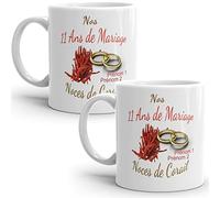 Mug duo 11 ans noces de Corail personnalisable anniversaire mariage 2 prénoms tasse Idée Cadeau Originale Famille couple mari femme noel fete époux épouse