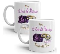 Mug duo 12 ans noces de Soie personnalisable anniversaire mariage 2 prénoms tasse Idée Cadeau Originale Famille couple mari femme noel fete époux épouse