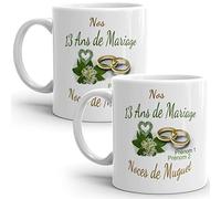 Mug duo 13 ans noces de Muguet personnalisable anniversaire mariage 2 prénoms tasse Idée Cadeau Originale Famille couple mari femme noel fete époux épouse