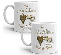Mug duo 14 ans noces de Plomb personnalisable anniversaire mariage 2 prénoms tasse Idée Cadeau Originale Famille couple mari femme noel fete époux épouse