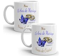 Mug duo 15 ans noces de Cristal personnalisable 2 prénoms anniversaire mariage tasse Idée Cadeau Originale Famille couple mari femme noel fete époux épouse