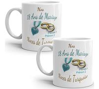 Mug duo 18 ans noces de Turquoise personnalisable anniversaire mariage 2 prénoms tasse Idée Cadeau Originale Famille couple mari femme noel fete époux épouse