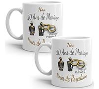 Mug duo 20 ans noces de Porcelaine personnalisable anniversaire mariage 2 prénoms tasse Idée Cadeau Originale Famille couple mari femme noel fete époux épouse