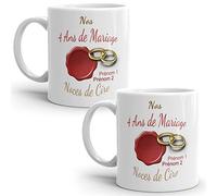 Mug duo 4 ans noces de cire personnalisable 2 prénoms anniversaire mariage tasse Idée Cadeau Originale Famille couple mari femme noel fete époux épouse