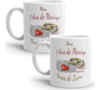 Mug duo 7 ans noces de Laine personnalisable anniversaire mariage 2 prénoms tasse Idée Cadeau Originale Famille couple mari femme noel fete époux épouse