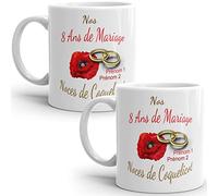 Mug duo 8 ans noces de Coquelicot anniversaire mariage personnalisable 2 prénoms tasse Idée Cadeau Originale Famille couple mari femme noel fete époux épouse
