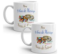 Mug duo 9 ans noces de Faience personnalisable anniversaire mariage 2 prénoms tasse Idée Cadeau Originale Famille couple mari femme noel fete époux épouse
