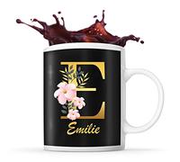 Mug Emilie | Tasse prénom femme fond noir avec Lettre fleur | Idée cadeau pour anniversaire noël et fête des mères
