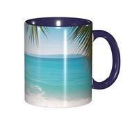 Mug en céramique 325 ml (11 oz) à motif océan, mer et feuilles de palmier, design moderne et mignon pour la maison, le bureau, un café ou comme cadeau original pour les amateurs de café, bleu marine