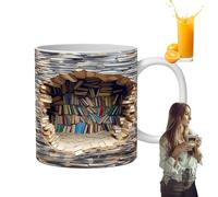 Mug en céramique avec motif 2D plat 350 ml - Motif étagères - Trou dans un mur - Tasse fantaisie en céramique pour femme lectrice, club de livre, rat de bibliothèque, anniversaire, bar, latte, cuisine