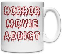 Mug en céramique blanche avec inscription « Horror Movie Addict Red Blood »