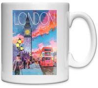 Mug en céramique blanche avec inscription « London England Big Ben Red Bus » de style rétro Blanc